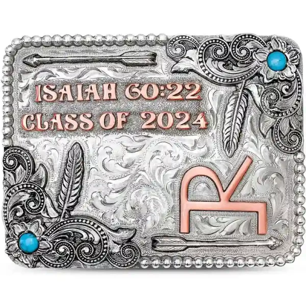 Add a touch of style to your favorite jeans with the Kiowa Belt Buckle!  This buckle features striking Copper lettering detailed with intricate scrolls, flowers, and feather elements. This is a standout accesory for any cowgirl!